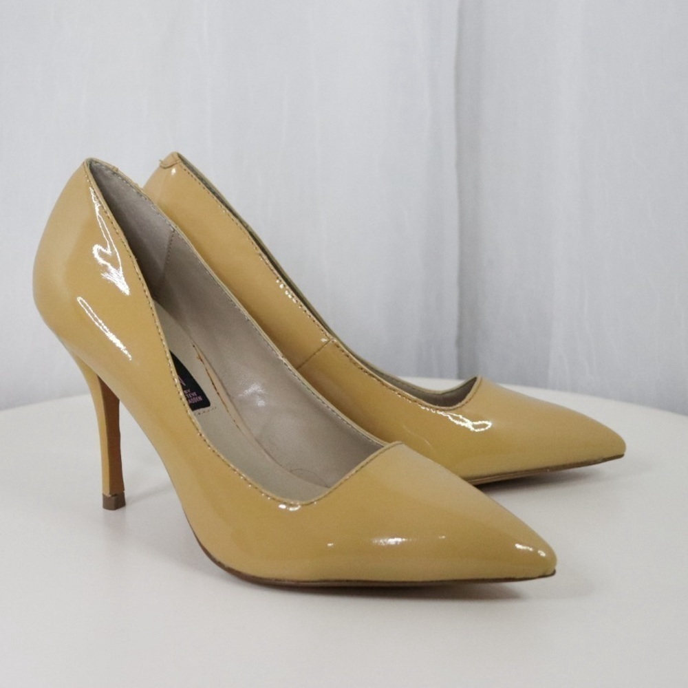 STEVEN by Steven Madden | Pointed Toe Nude Patent Leather Stiletto Heels